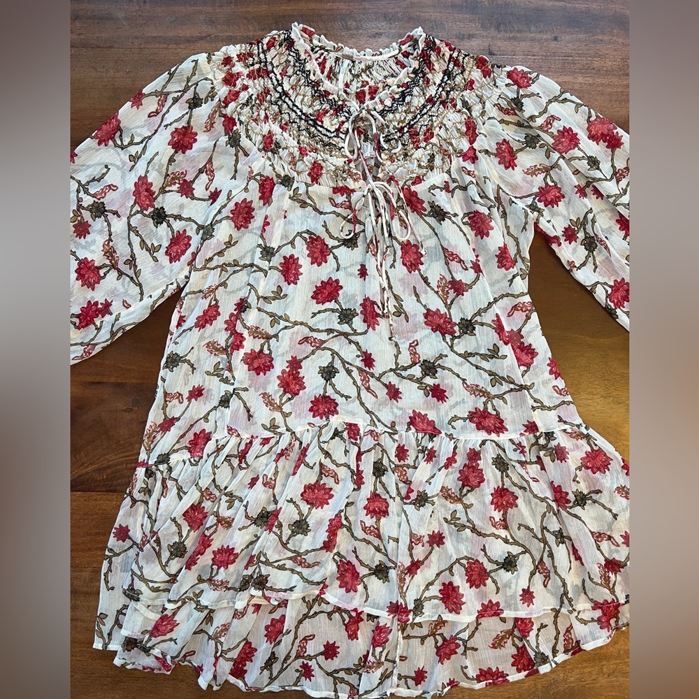 Free People White/Red Floral Boho Tunic Mini Dress XS